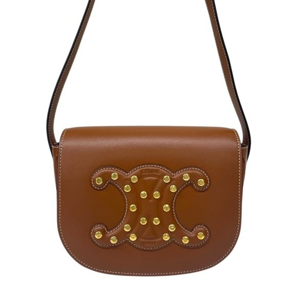 CELINE Cuir Folco Triomphe 198263DU9.04LU Leather Shoulder Bag with Metal Studs, - Picture 1 of 10